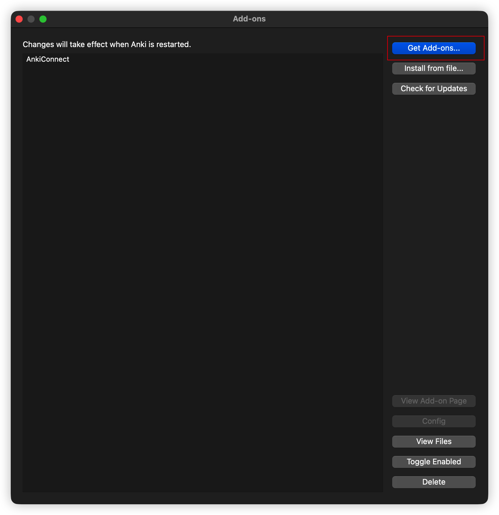 Anki Add-ons window with the Get Add-ons button