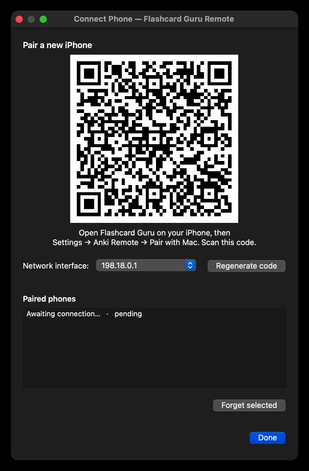 Desktop Anki showing the Connect Phone (Flashcard Guru Remote) window with a QR code