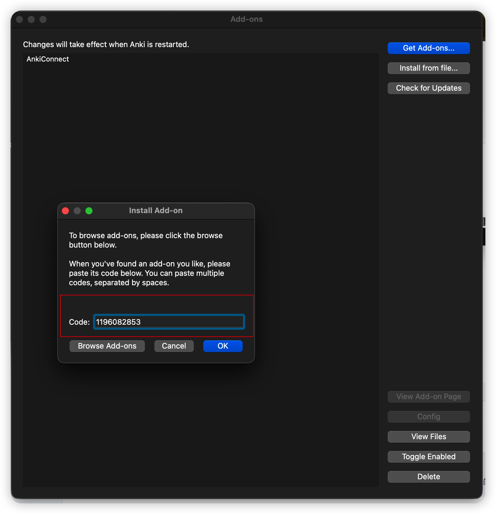 Anki Add-ons 창에서 애드온 코드를 입력하는 화면 (2)