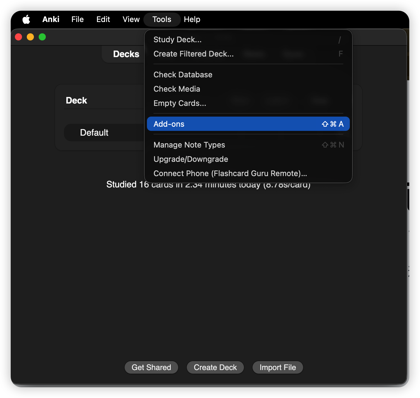 Anki's Tools menu open on macOS showing Add-ons