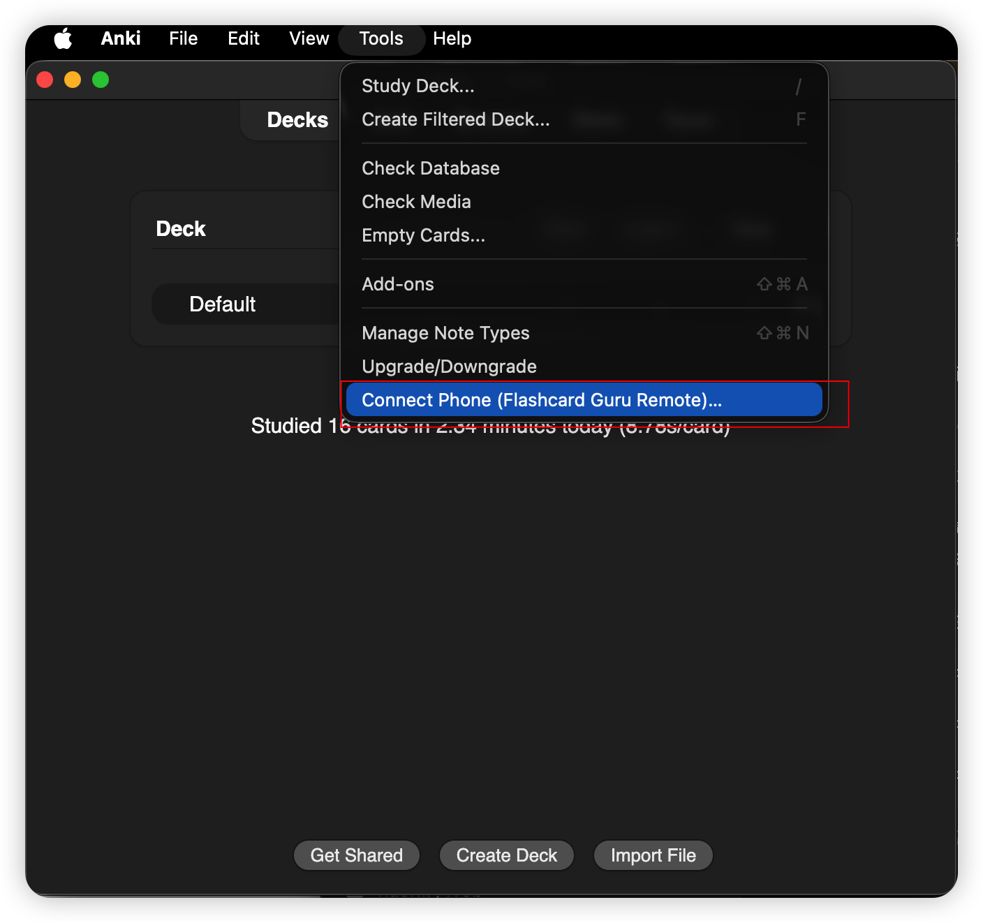 Anki Tools 메뉴에서 Connect Phone을 선택한 화면 (1)