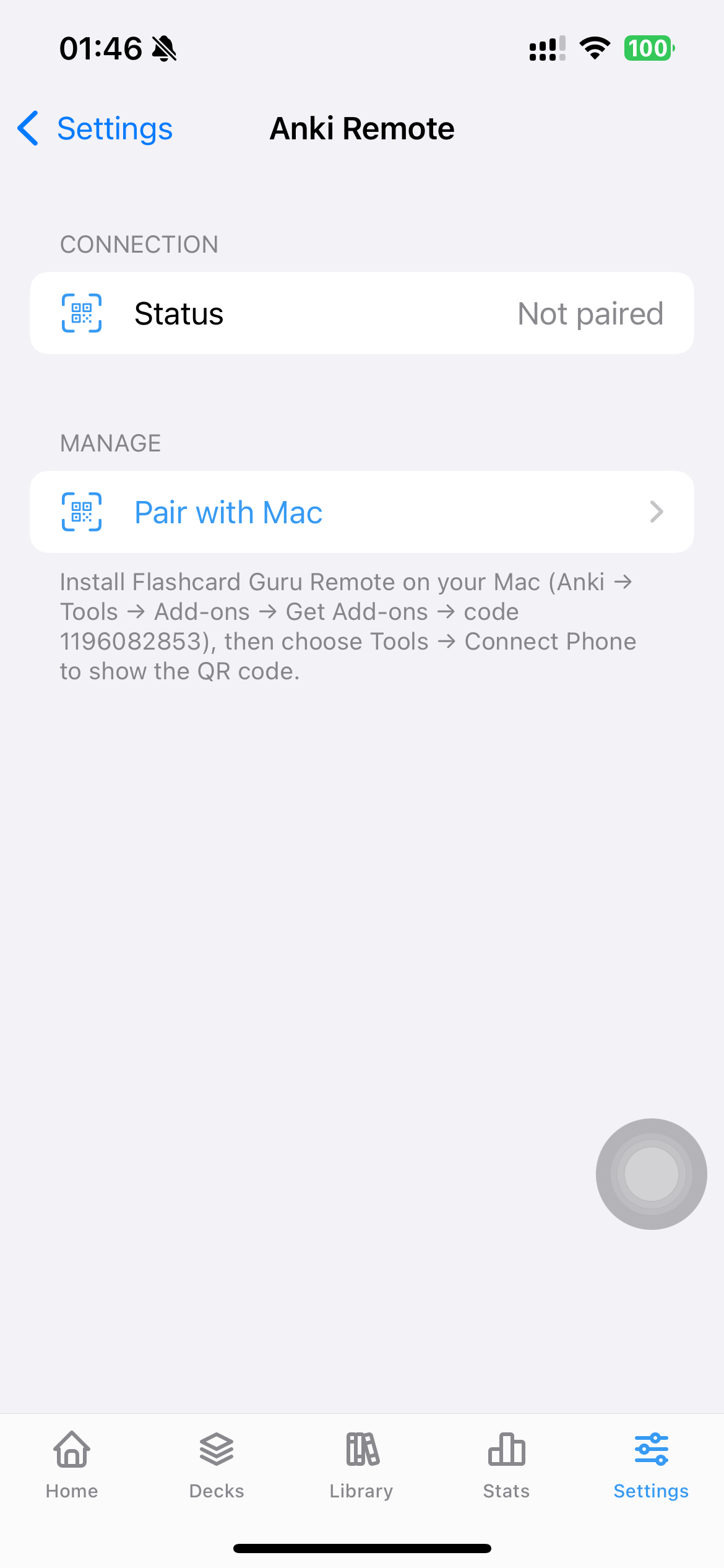 Guru Anki Remote 화면의 Pair with Mac 항목