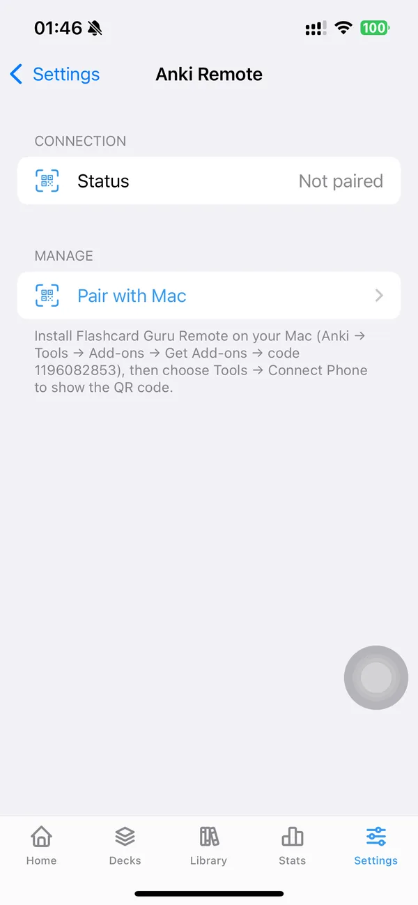 Guru on iPhone, Settings → Anki Remote → Pair with Mac screen