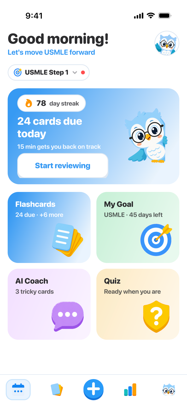 Der Heute-Bildschirm von Guru auf dem iPhone: ein 78-Tage-Streak und die heute fälligen Karten