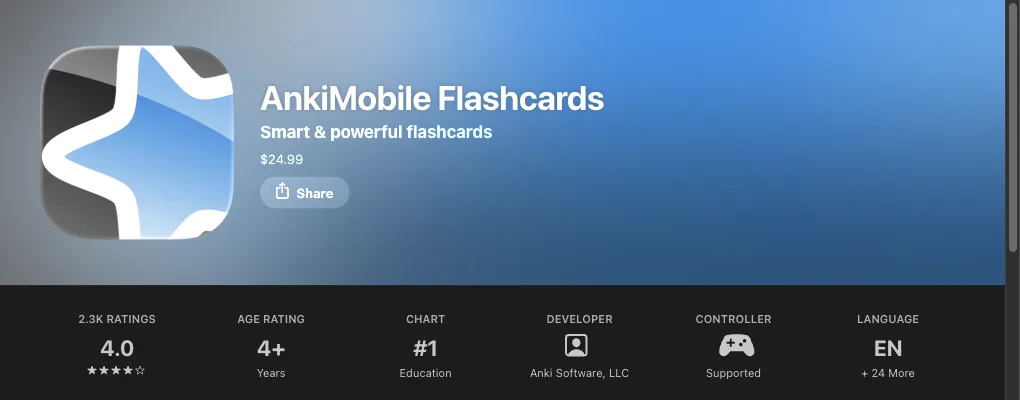 AnkiMobile Flashcards Eintrag im US-App Store: Icon, Preis und Bewertung