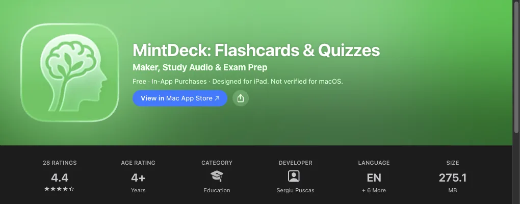 MintDeck Eintrag im US-App Store: Icon, Preis und Bewertung