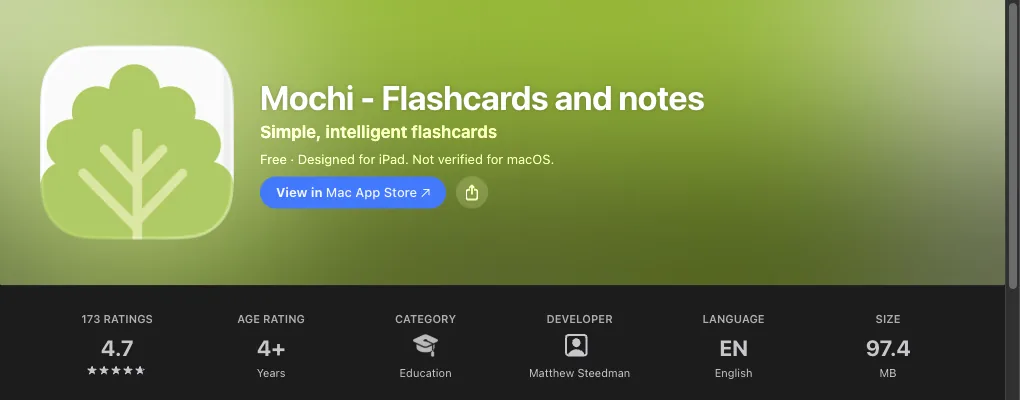 Mochi Eintrag im US-App Store: Icon, Preis und Bewertung