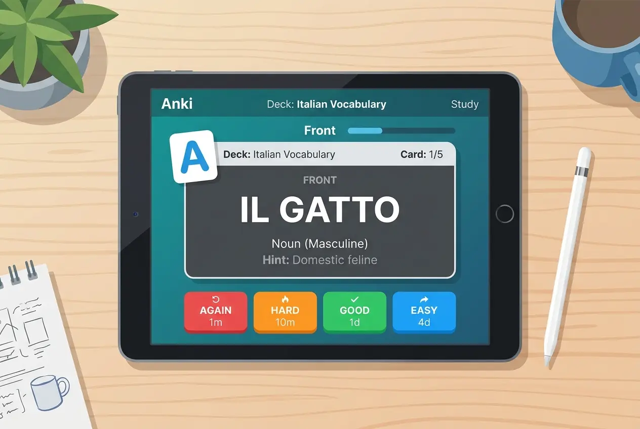 Illustration: an iPad showing an Anki flashcard with an Apple Pencil resting beside it