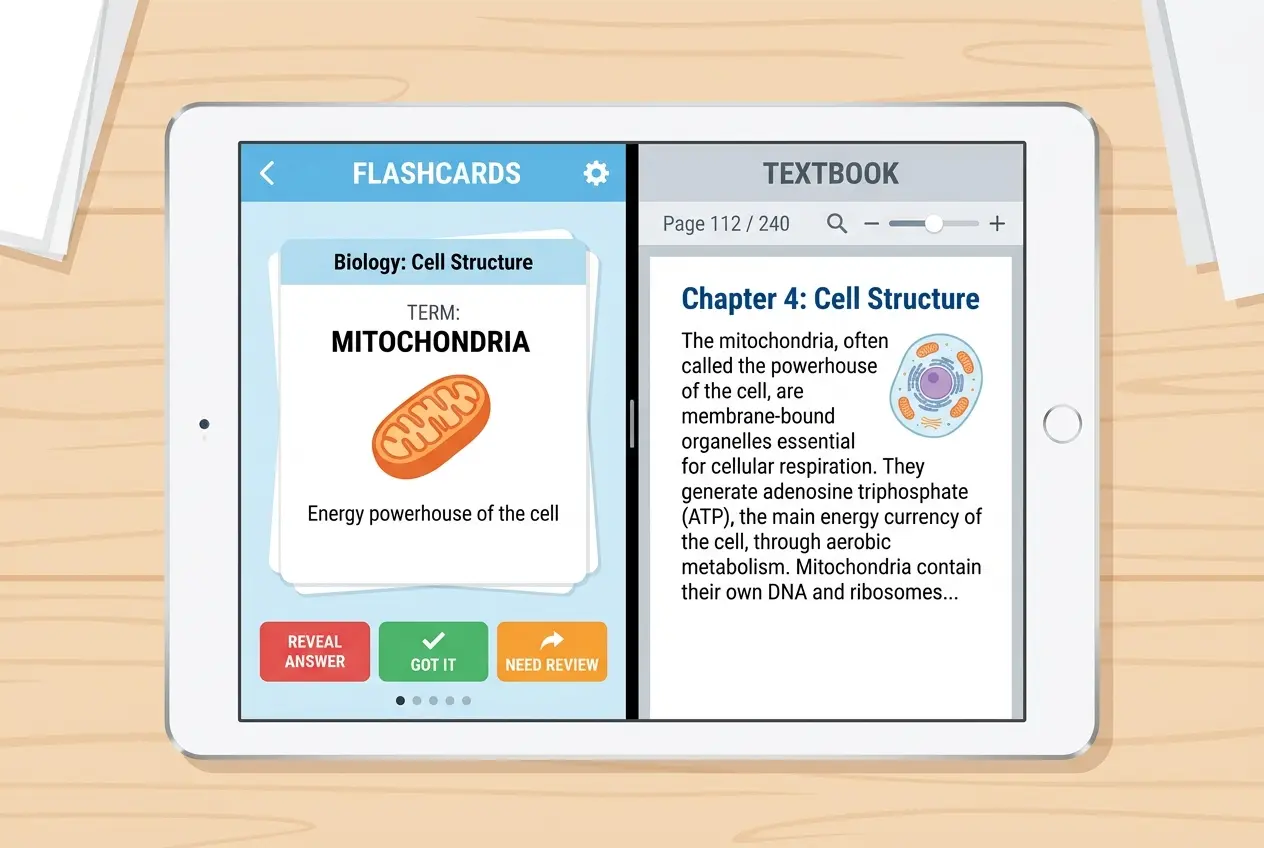 iPad showing Split View with Anki on one side and a textbook PDF on the other