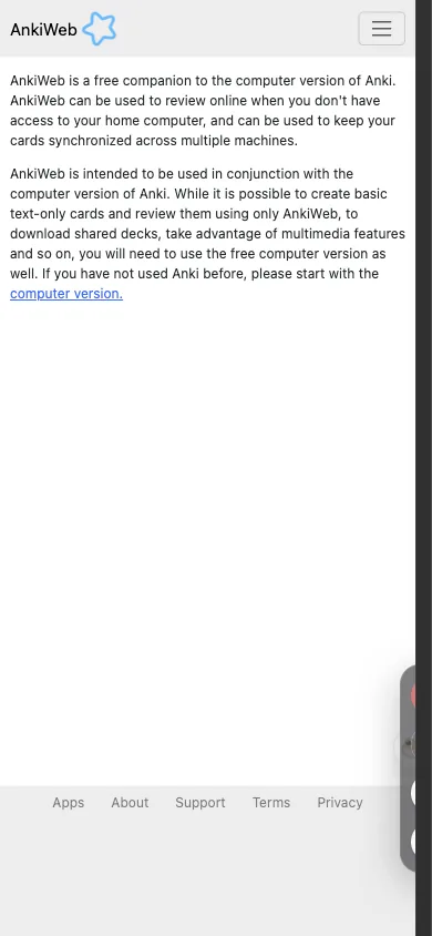 AnkiWeb Info-Seite auf einem 390-Pixel breiten Browser-Viewport
