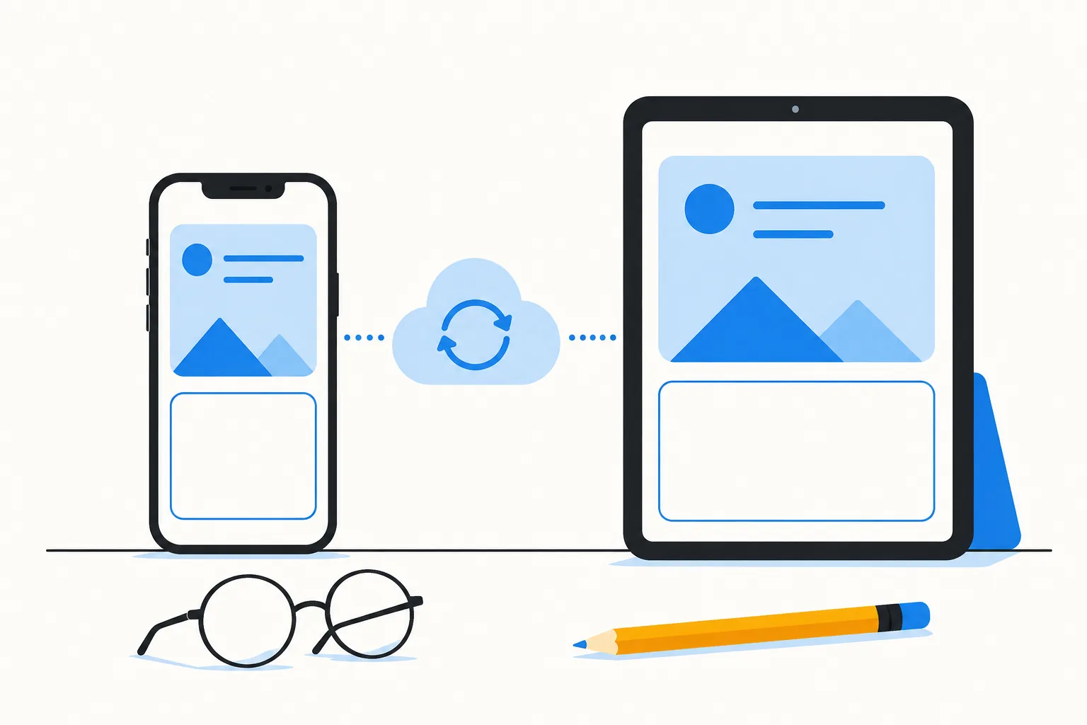 Illustration: an iPhone and an iPad side by side showing the same flashcard, a small cloud with sync arrows between them