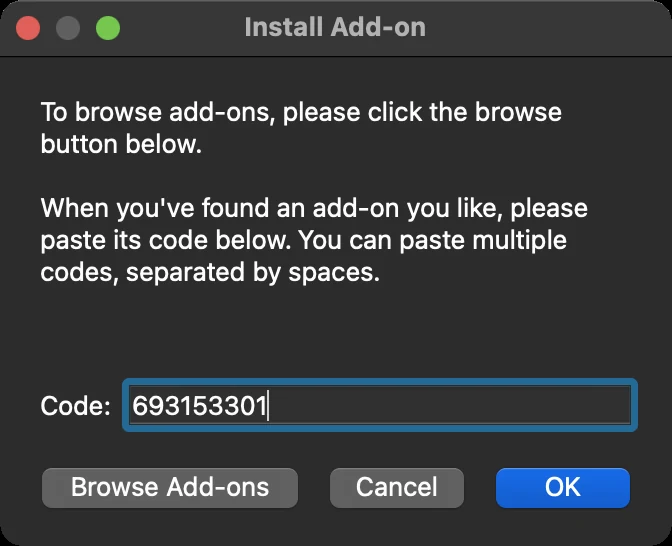 Anki's Install Add-on dialog with the code 693153301 entered