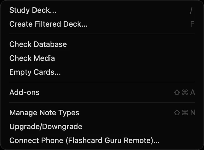 Desktop Anki's Tools menu with the entry Connect Phone (Flashcard Guru Remote)…