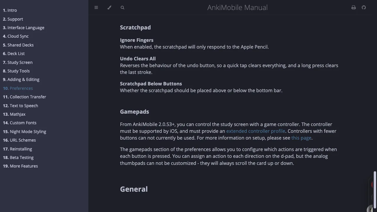 AnkiMobile manual, preferences page, the paragraph on game controllers requiring an extended controller profile