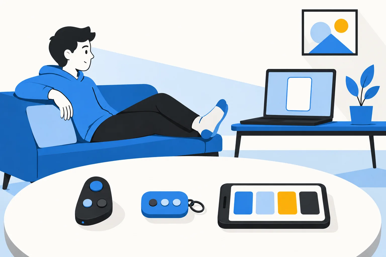 Illustration: a student on a couch reviewing Anki on a laptop across the room, with a dedicated clicker remote, a tiny gamepad and an iPhone laid out on the table