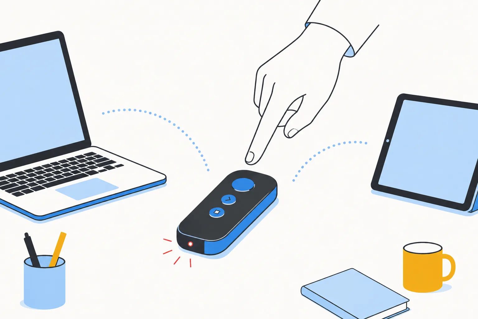 Illustration: a clicker remote on a desk with a red LED, a laptop and a tablet nearby with broken dotted arcs, a finger about to press it