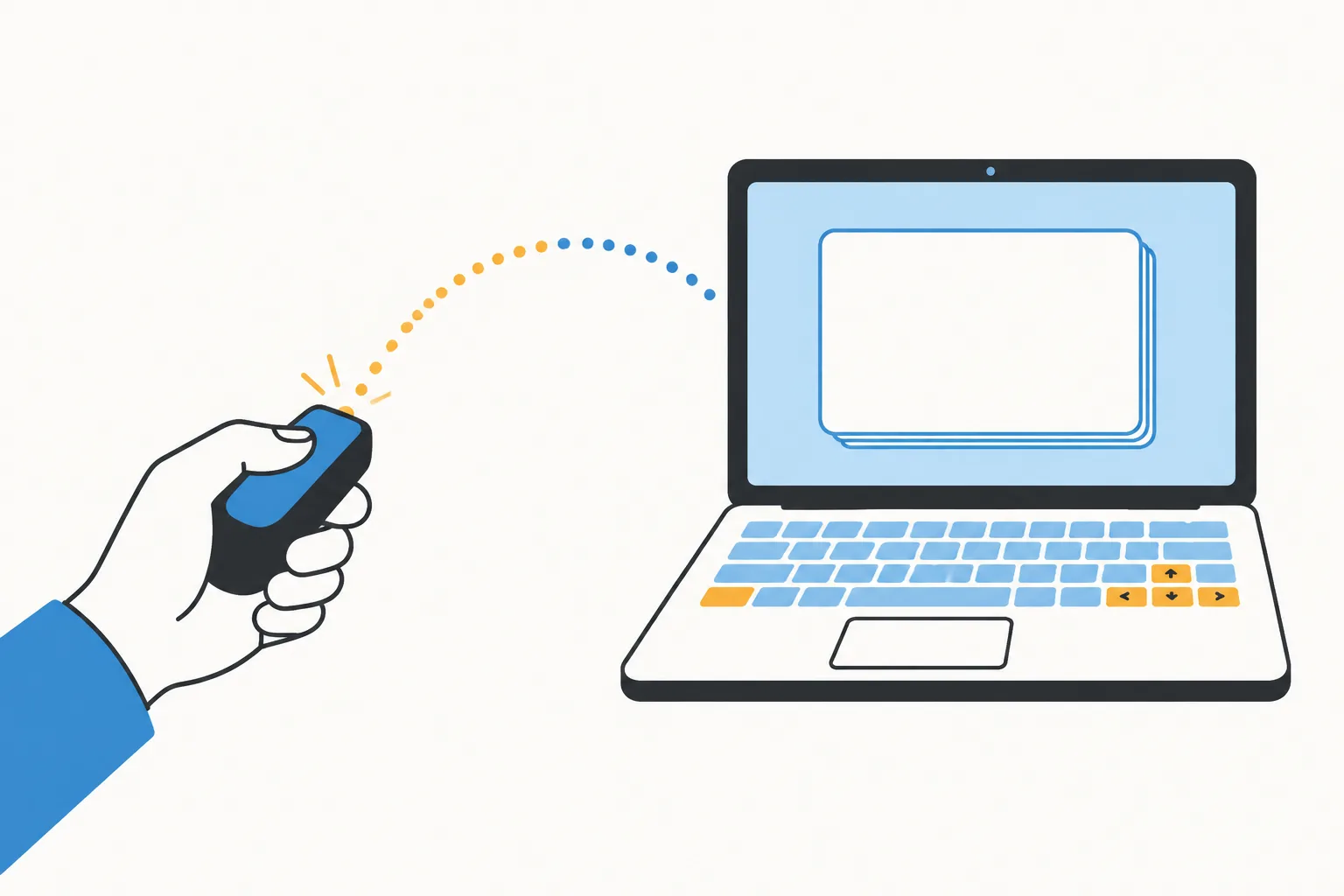 Illustration: a hand holding a small clicker with a glowing LED, a dotted arc travelling to a laptop whose keyboard is highlighted