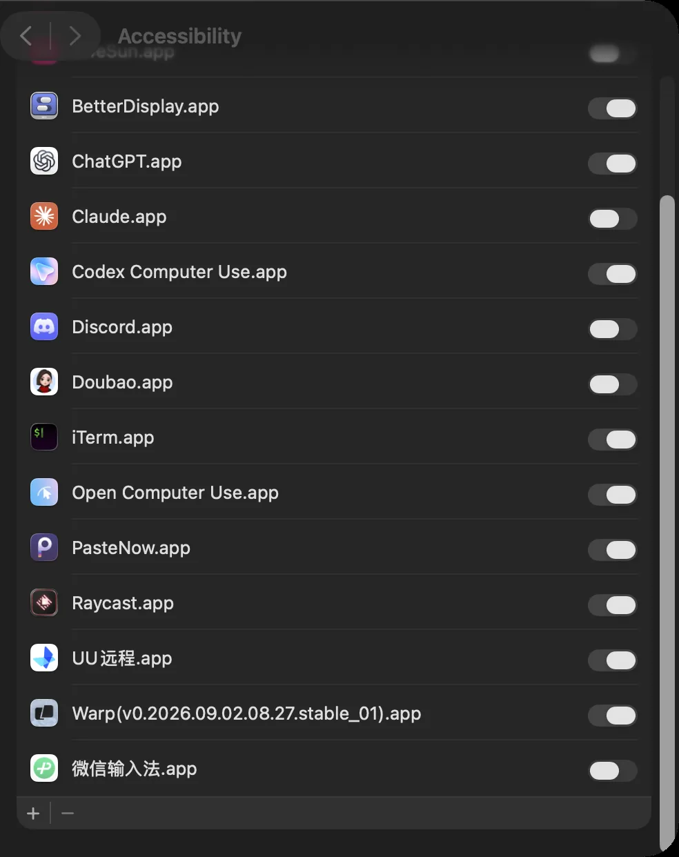 macOS System Settings, Privacy & Security, Accessibility list