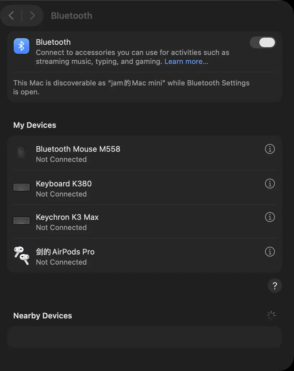 macOS System Settings Bluetooth pane with the My Devices list