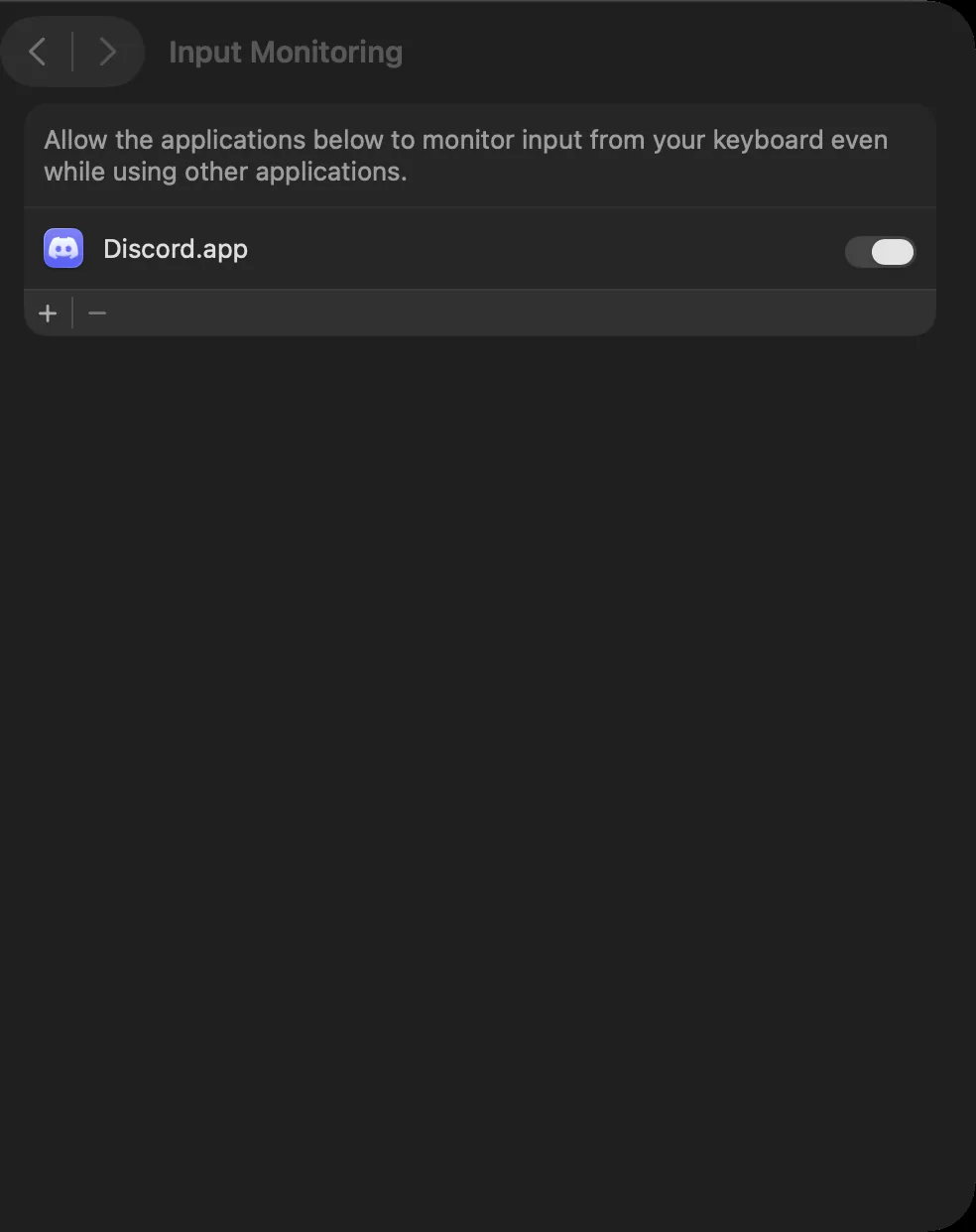 macOS System Settings, Privacy & Security, Input Monitoring list