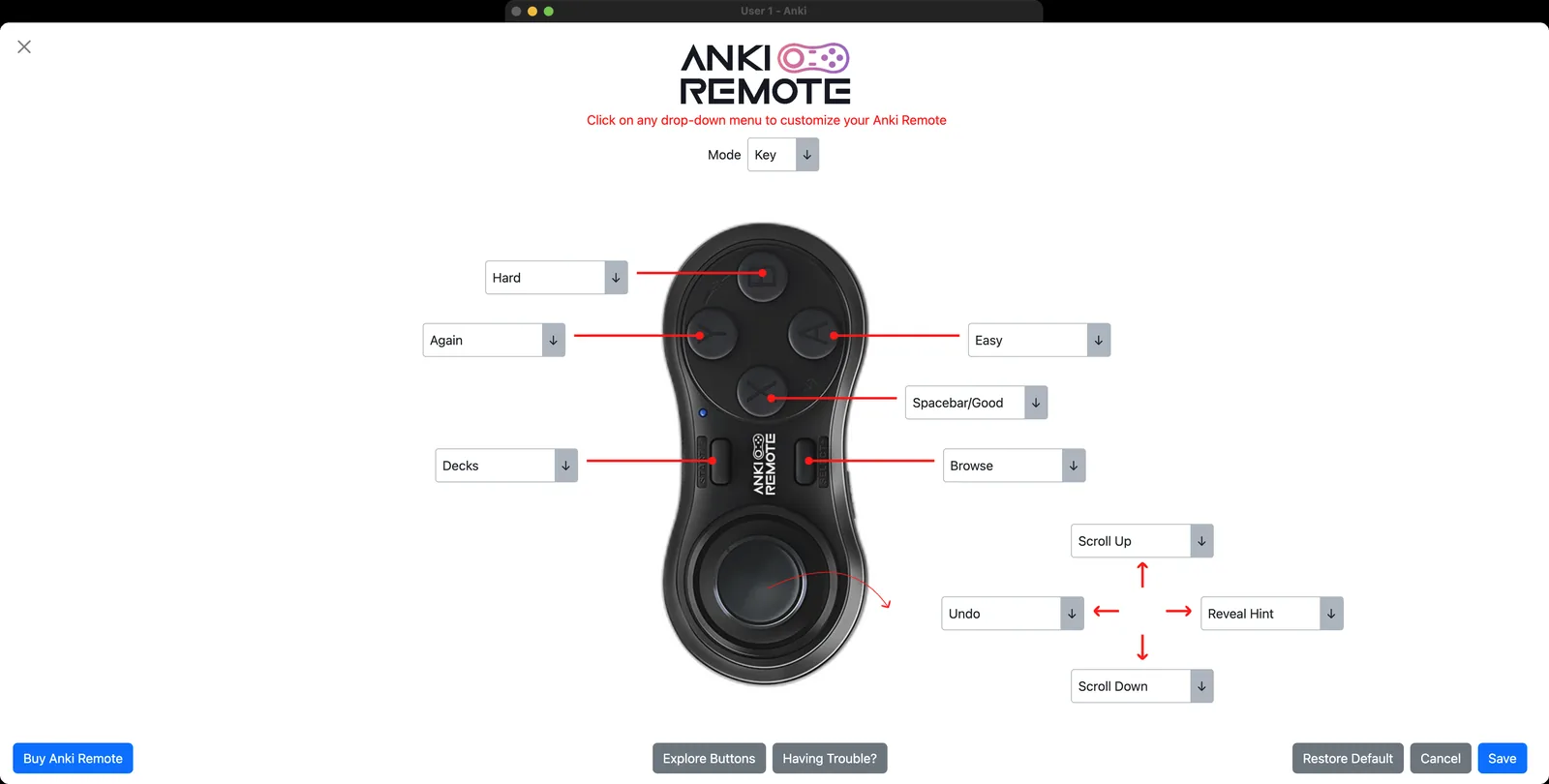 StudyRemote's Anki Remote add-on configuration screen in desktop Anki, showing the remote with dropdowns: Hard, Again, Easy, Spacebar/Good, Decks, Browse, and joystick actions Undo, Reveal Hint, Scroll Up, Scroll Down
