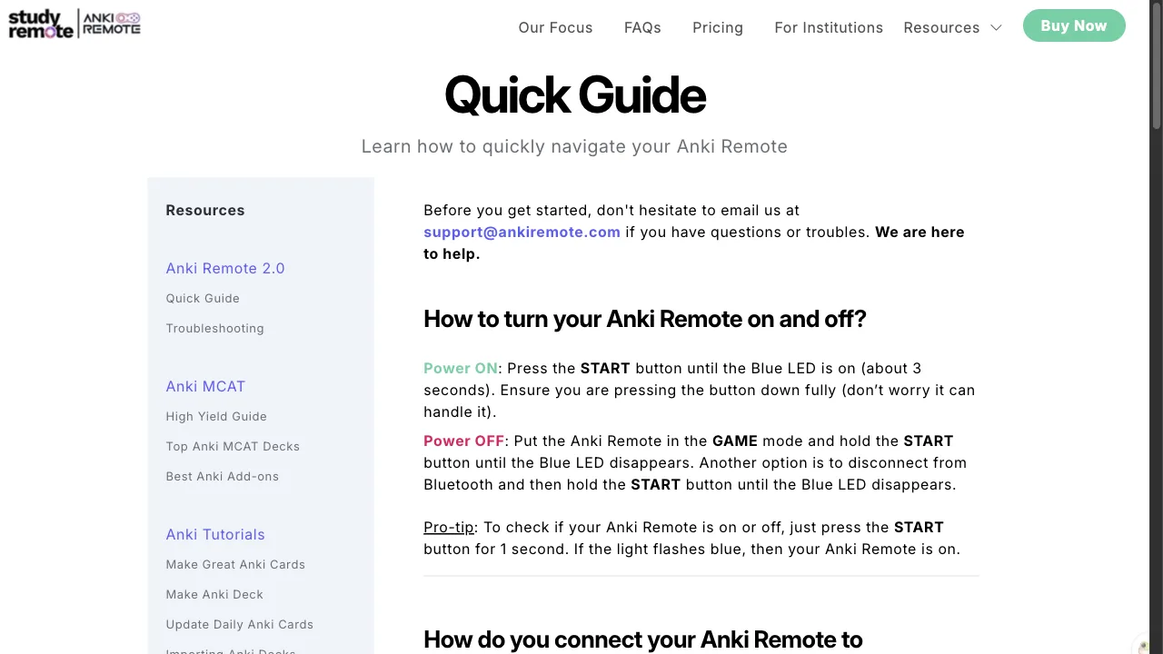 StudyRemote start-here page with the power on, power off and pairing instructions