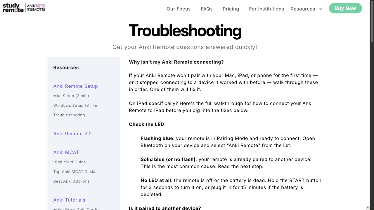 StudyRemote's troubleshooting web page