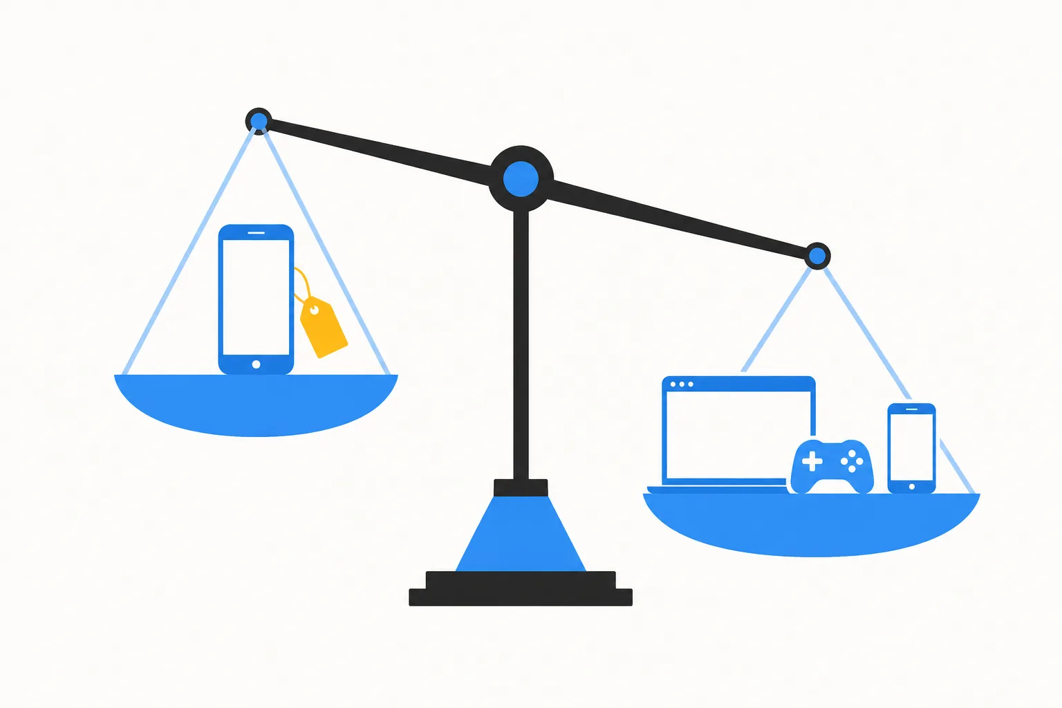 Illustration: Eine Waage wiegt ein Smartphone mit Preisschild gegen ein Browserfenster, ein Mini-Gamepad und ein zweites Smartphone auf
