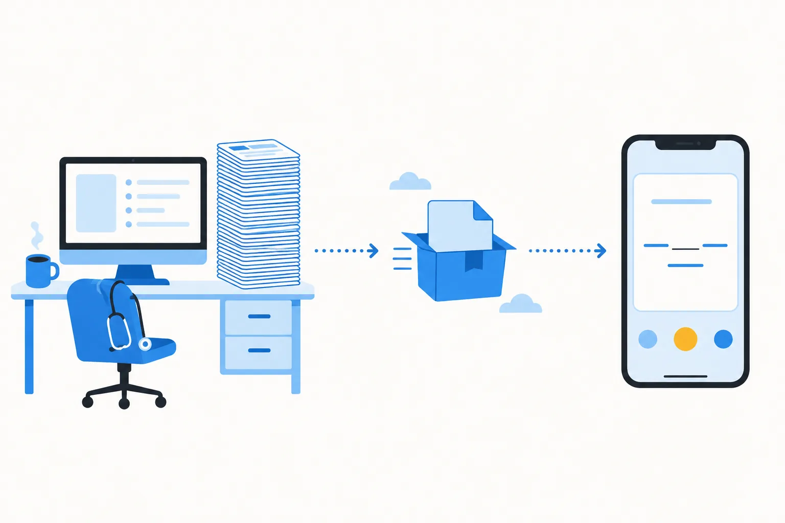 Illustration: Ein Schreibtisch mit einem Desktop-Computer und einem hohen Stapel Lernkarten, eine Dateibox, die zu einem iPhone fliegt, das eine Lückentext-Karte anzeigt, ein Stethoskop auf dem Stuhl