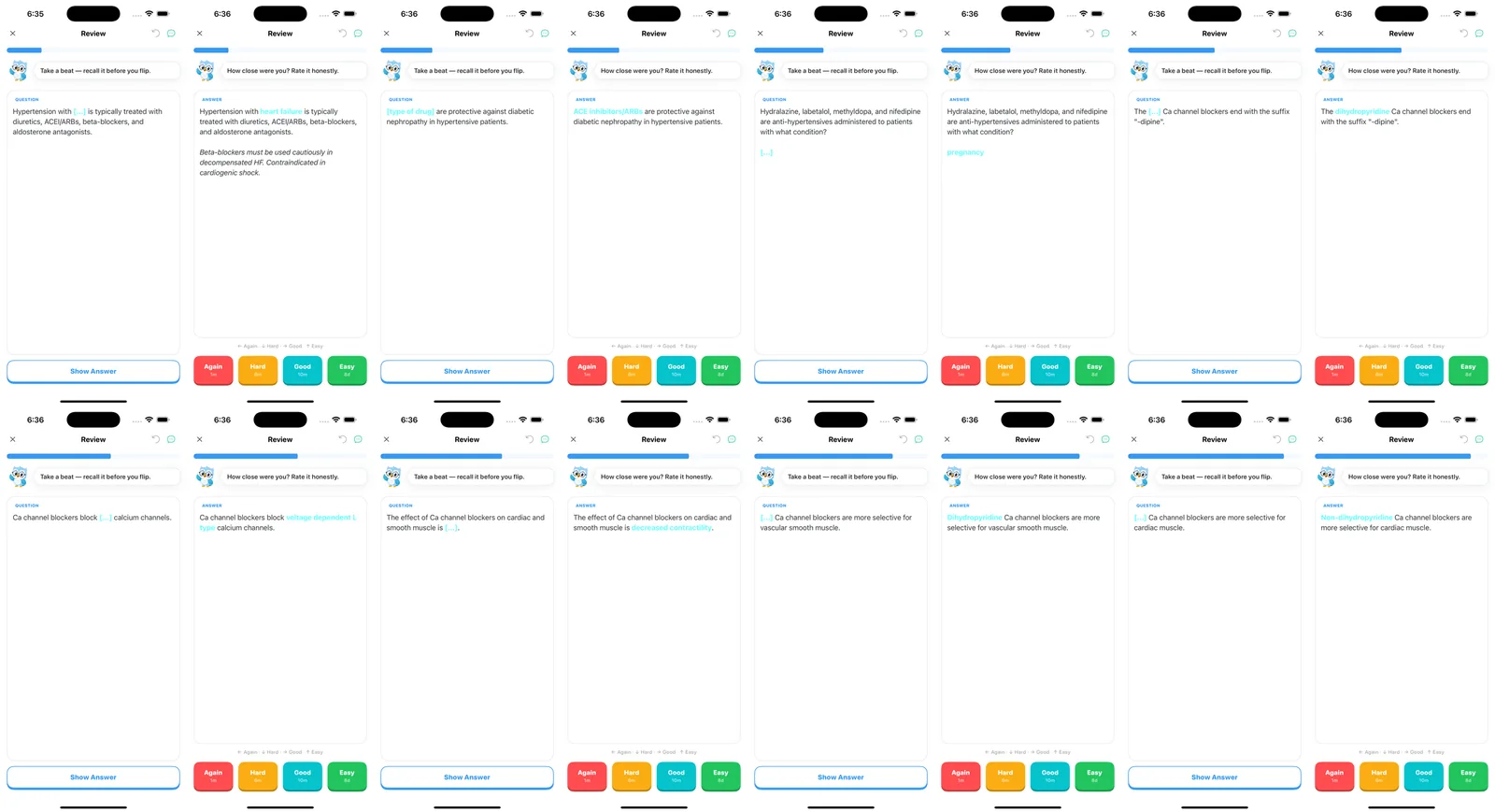 Sixteen screenshots of First Aid 2017 Pharmacology cloze cards in Guru on iPhone