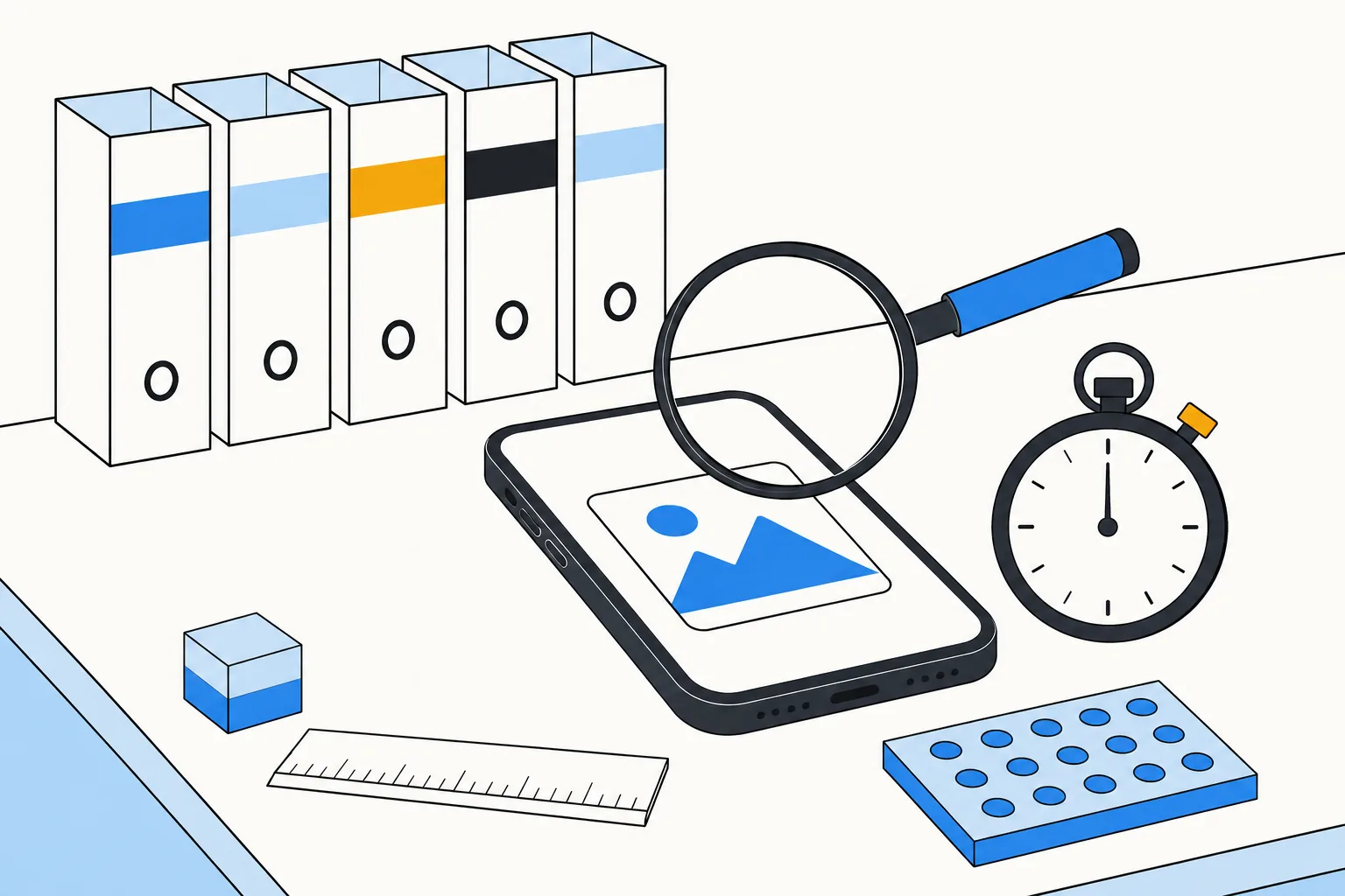 Illustration: five file boxes in a row, a magnifying glass over an iPhone showing an image card, and a stopwatch on a test bench