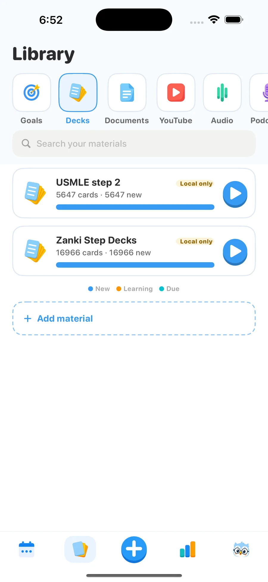Guru Library on iPhone after the fix, listing USMLE Step 2 with 5,647 cards and Zanki with 16,966 cards