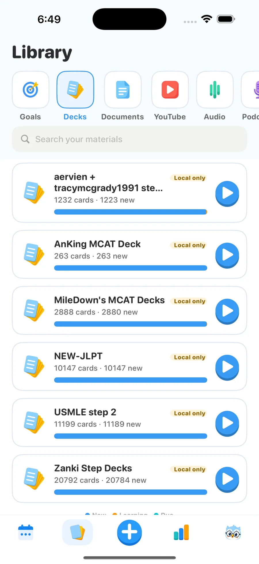 Guru Library on iPhone before the fix, listing USMLE Step 2 with 11,199 cards and Zanki with 20,792 cards
