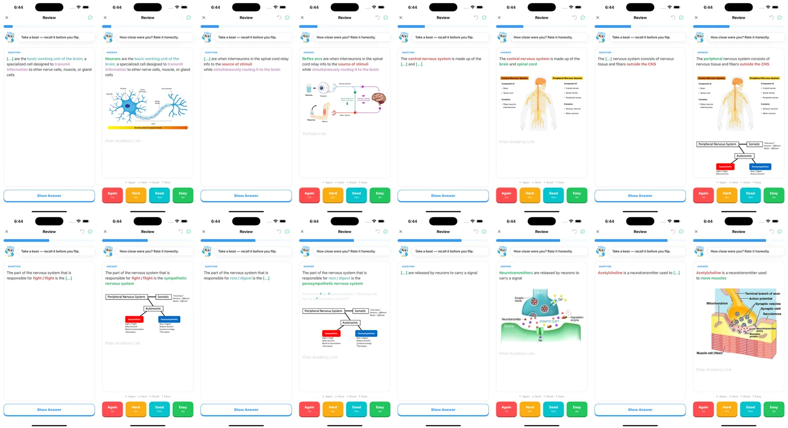 Sixteen screenshots of MileDown MCAT cards in Guru on iPhone with colored cloze deletions and diagrams