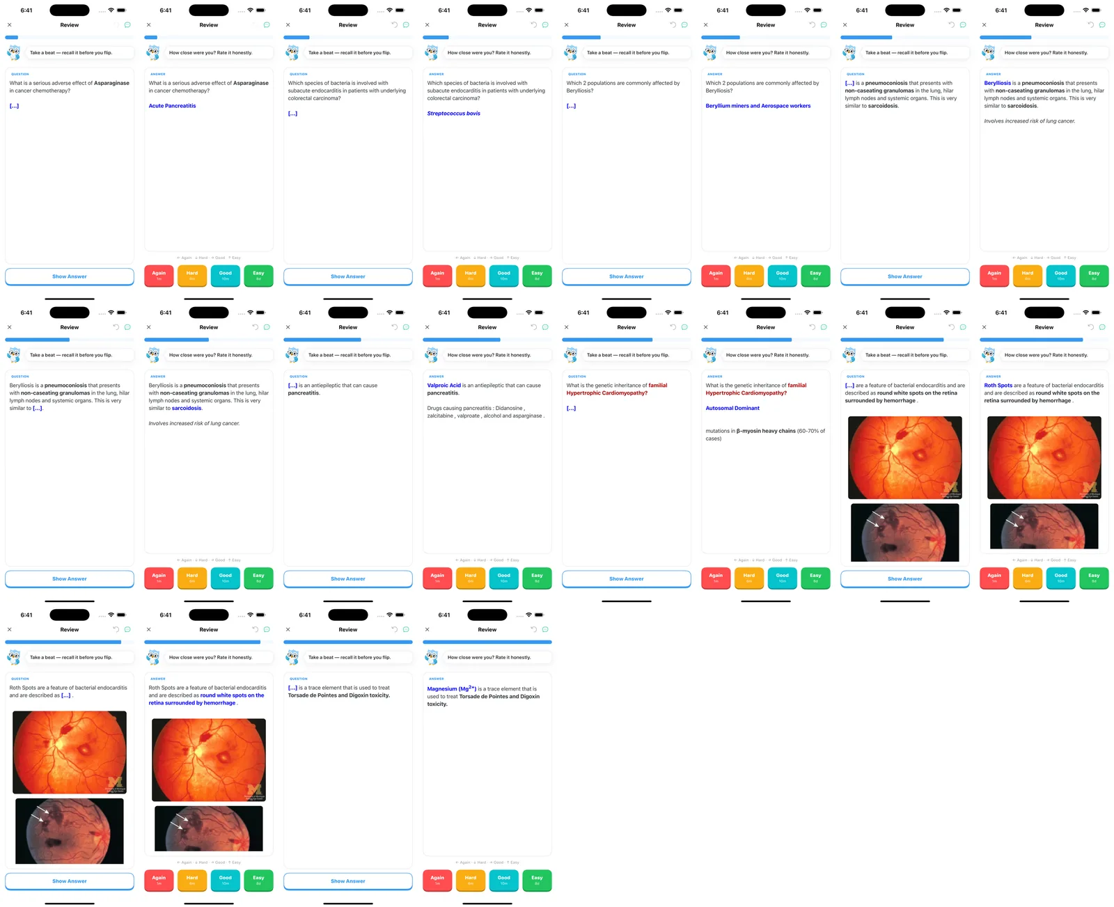 Twenty screenshots of USMLE Step 2 cloze cards reviewed in Guru on iPhone, front and back, including colored emphasis and two retina photographs