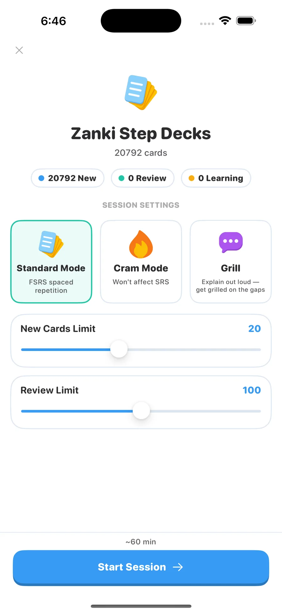 Guru pre-study screen for the Zanki deck showing 20,792 new cards and a fixed 60-minute estimate before the fix