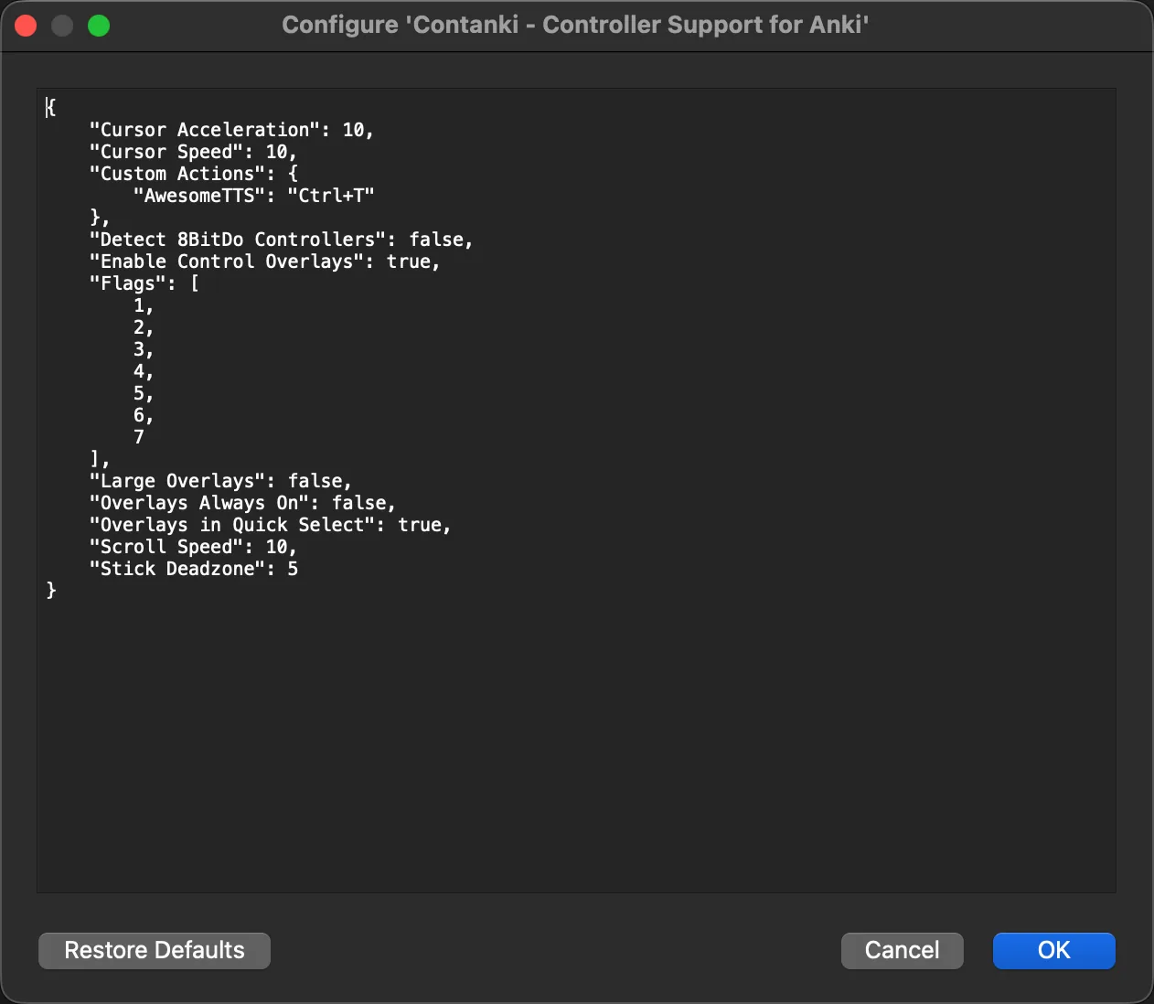 Contanki controller configuration window in desktop Anki showing per-button bindings