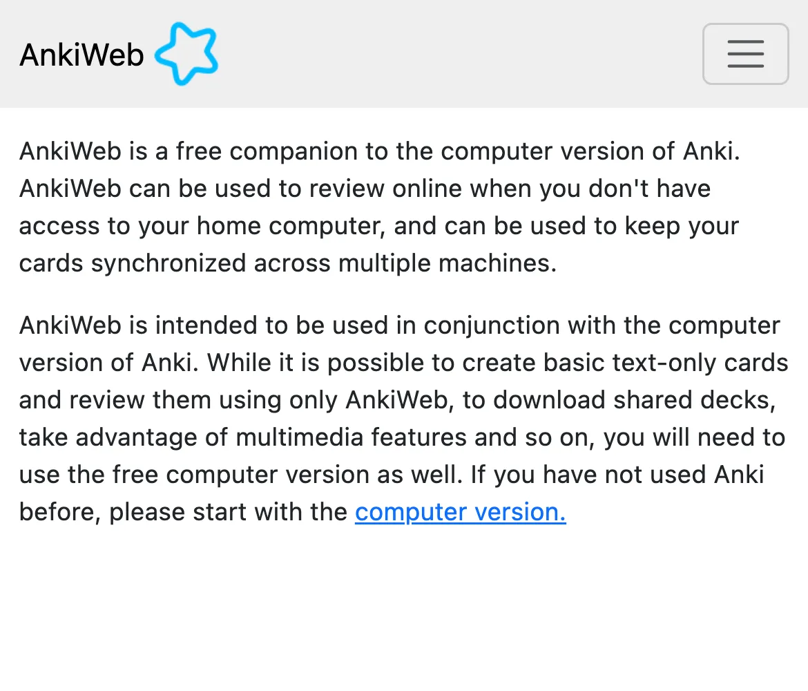 AnkiWeb About page at phone width: AnkiWeb is a free companion to the computer version of Anki and can be used to review online