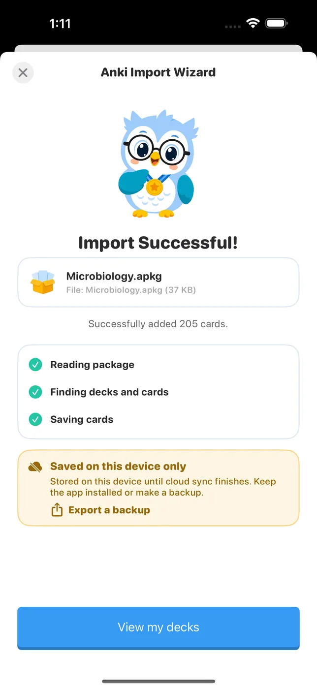 Guru Anki Import Wizard showing Import Successful, Microbiology.apkg, 205 cards added