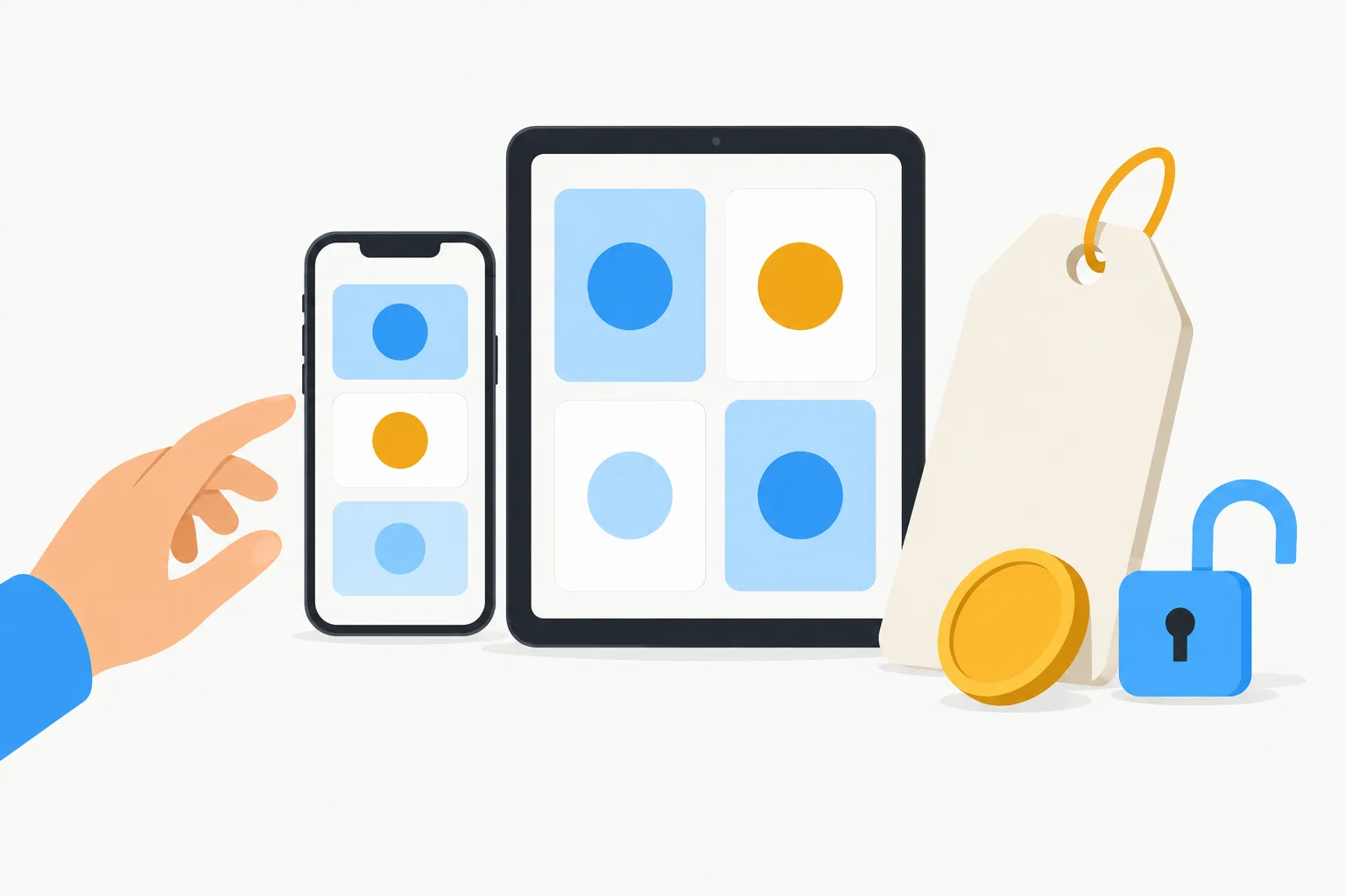 Illustration: an iPhone and an iPad showing flashcards next to a price tag, a coin and an open padlock