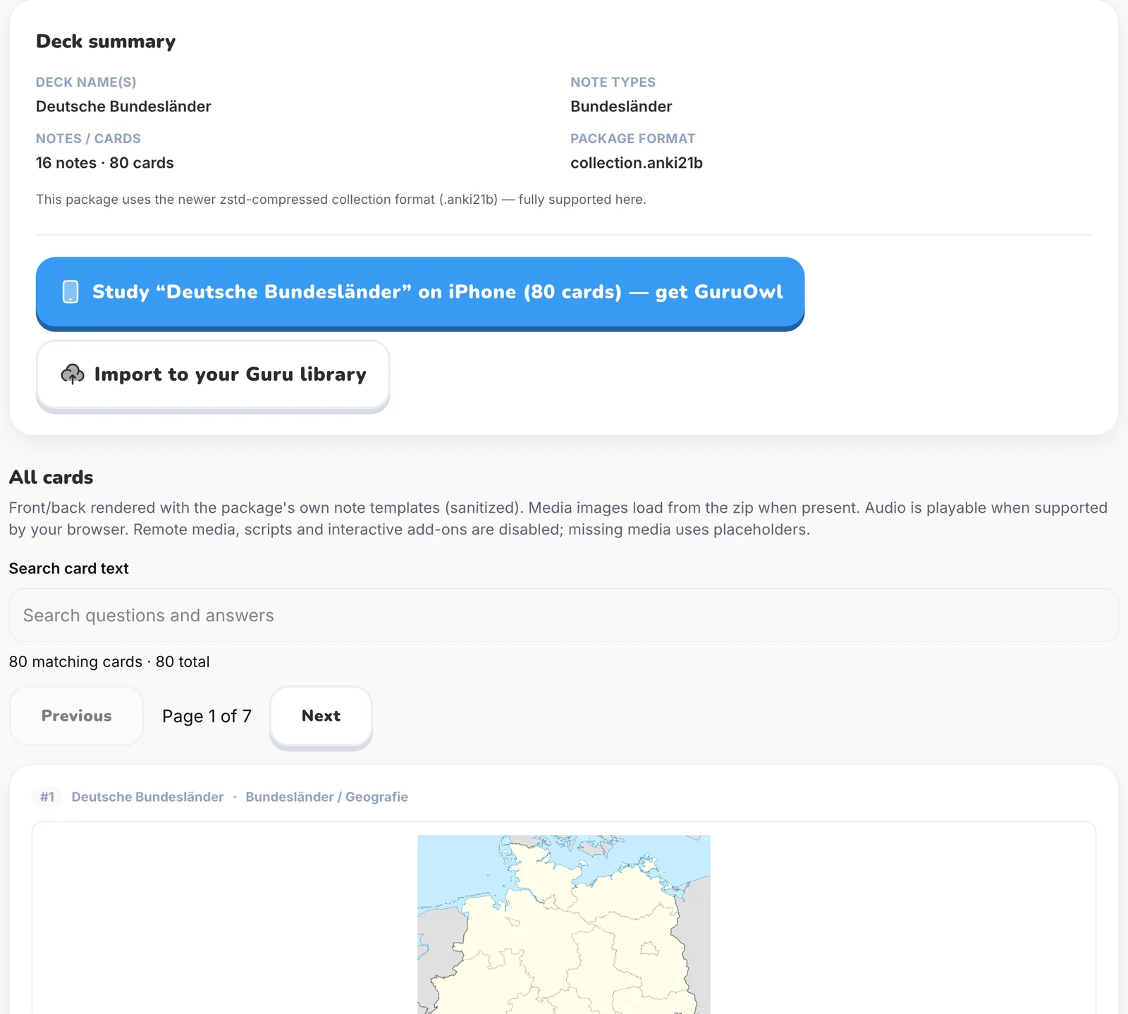 .apkg-Viewer von GuruOwl mit dem Stapel Deutsche Bundesländer: 16 Notizen, 80 Karten, Paketformat collection.anki21b, auf der ersten Karte wird eine Landkarte angezeigt