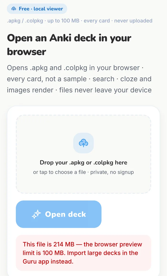 .apkg-Viewer von GuruOwl in Handybreite mit der Fehlermeldung: This file is 214 MB, the browser preview limit is 100 MB