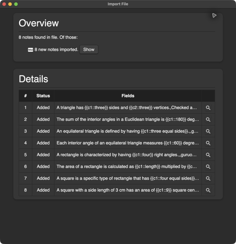 Desktop Anki import result: 8 new notes imported from the original GuruOwl geometry sample