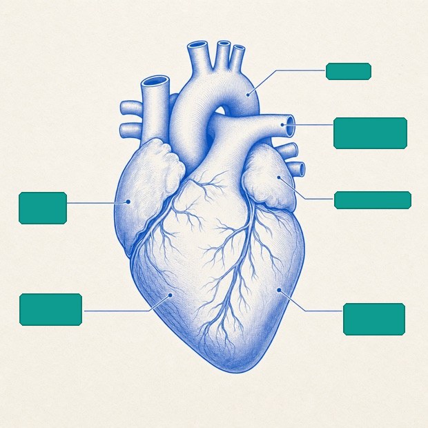 A labeled heart diagram from a PDF beside the same diagram with every label covered by a solid mask.