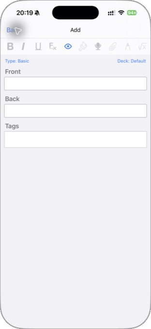 AnkiMobile Basic note editor with separate Front and Back fields