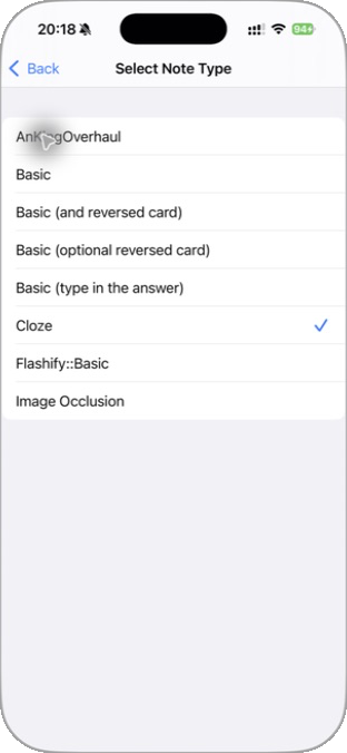 AnkiMobile note type selector showing Basic and Cloze options