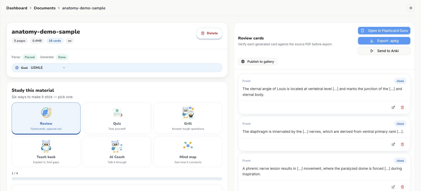Generated PDF deck with source-aware review and Anki export controls