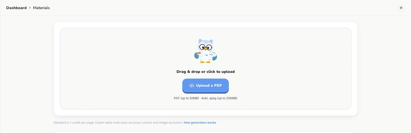 GuruOwl PDF and Anki upload area