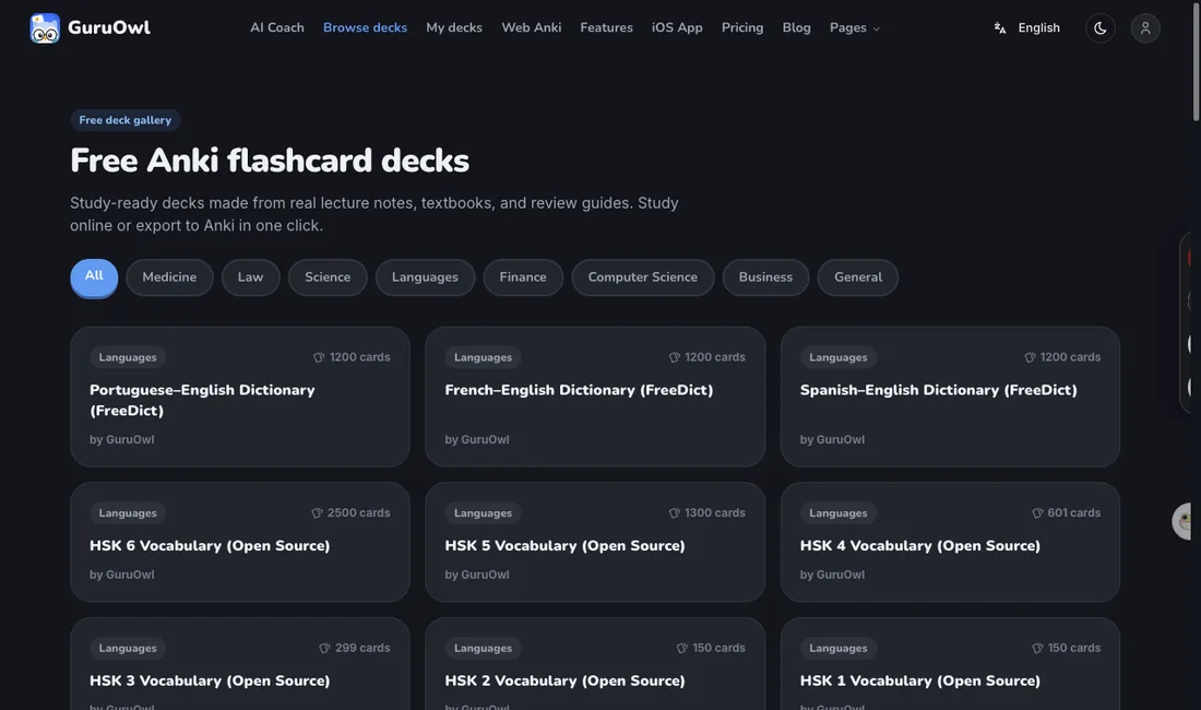 Real GuruOwl free Anki deck gallery with category chips and deck cards
